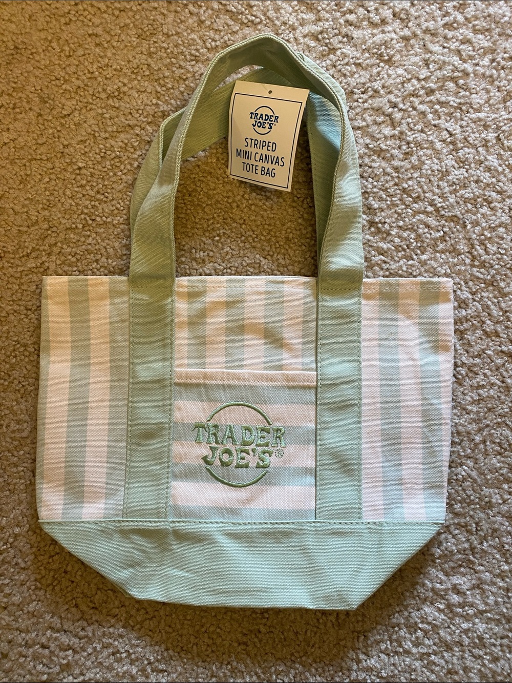Trader Joe's Mint Green Striped Canvas Tote - Picture 2 of 2
